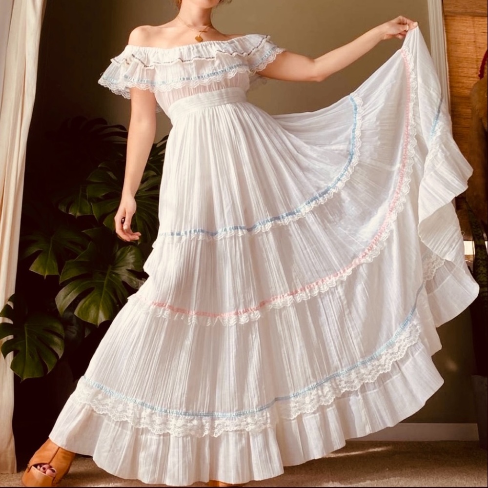 Gunne Sax Off-Shoulder White Maxi Dress with Blue and Pink Details